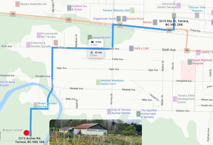A map showing the route from Terrace City Hall to the Seniors Corner at 2213 Archer Road on Brauns Island